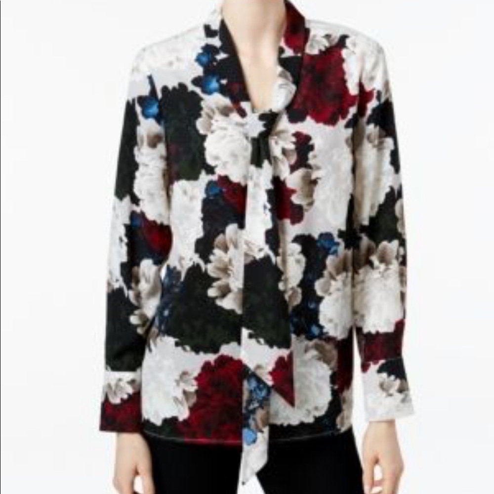 Charter Club Floral Tie Neck Blouse M